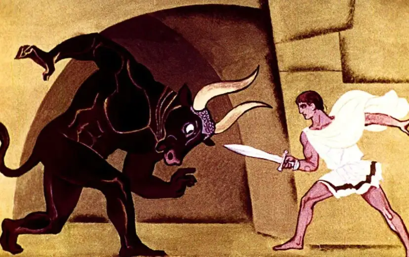 Mit o Tezeuszu: bohater z mieczem stawia czoła Minotaurowi w labiryncie.