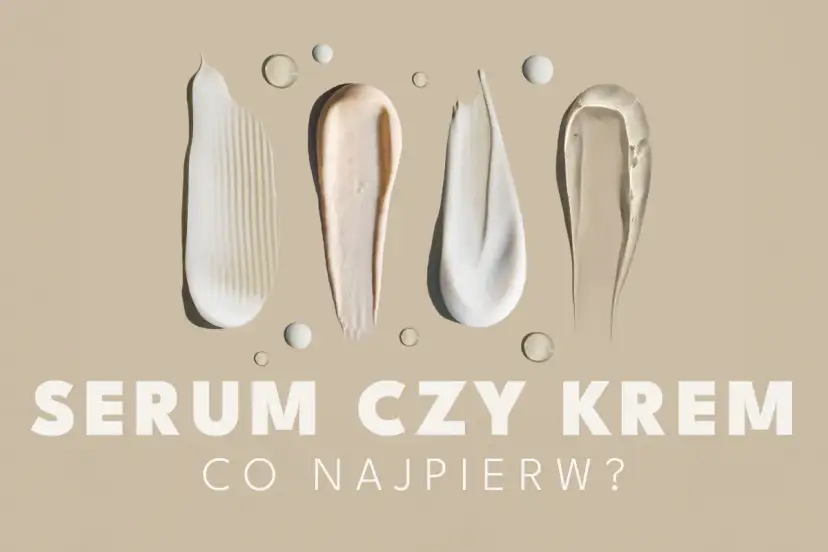 Smugi kremów i serum na beżowym tle. Czy na serum trzeba nakładać krem? Tekst: SERUM CZY KREM CO NAJPIERW?
