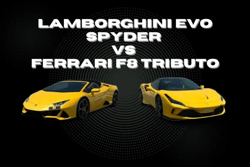 Dwa żółte supersamochody: Lamborghini Evo Spyder i Ferrari F8 Tributo.