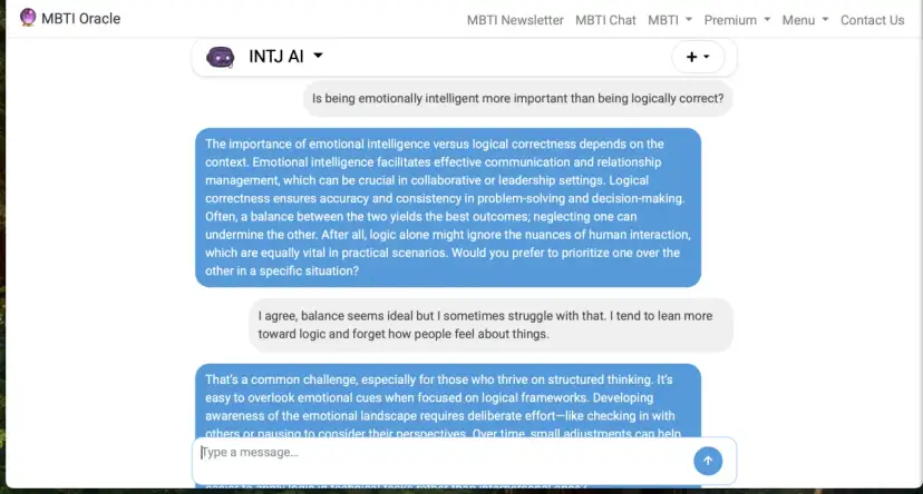 Rozmowa o inteligencji emocjonalnej vs. logicznej. INTJ AI omawia, jak INFJ inteligencja może pomóc w równoważeniu logiki z empatią.