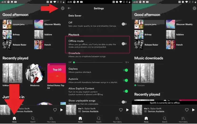 Ekran aplikacji Spotify z włączonym trybem offline.