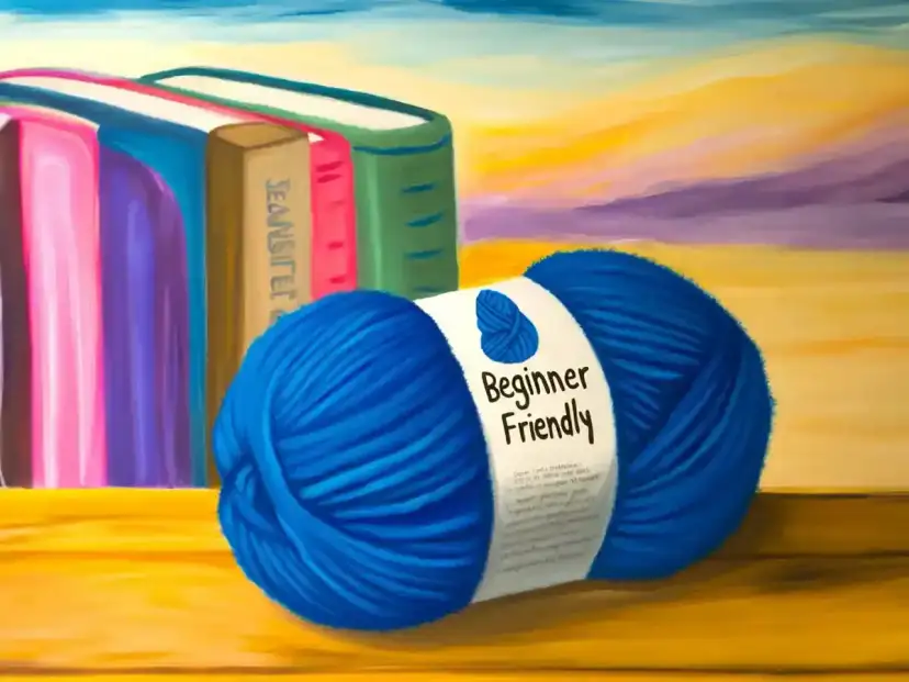 Kłębek niebieskiej włóczki "Beginner Friendly" obok kolorowych książek. Zastanawiasz się, ile gramów włóczki na sweter?