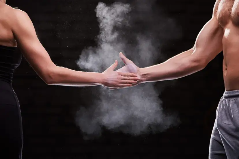 Dwie dłonie, męska i kobieca, spotykają się w chmurze magnezji. Pokazuje to siłę i determinację, cechy, które mogą być obecne u każdego, niezależnie od płci.