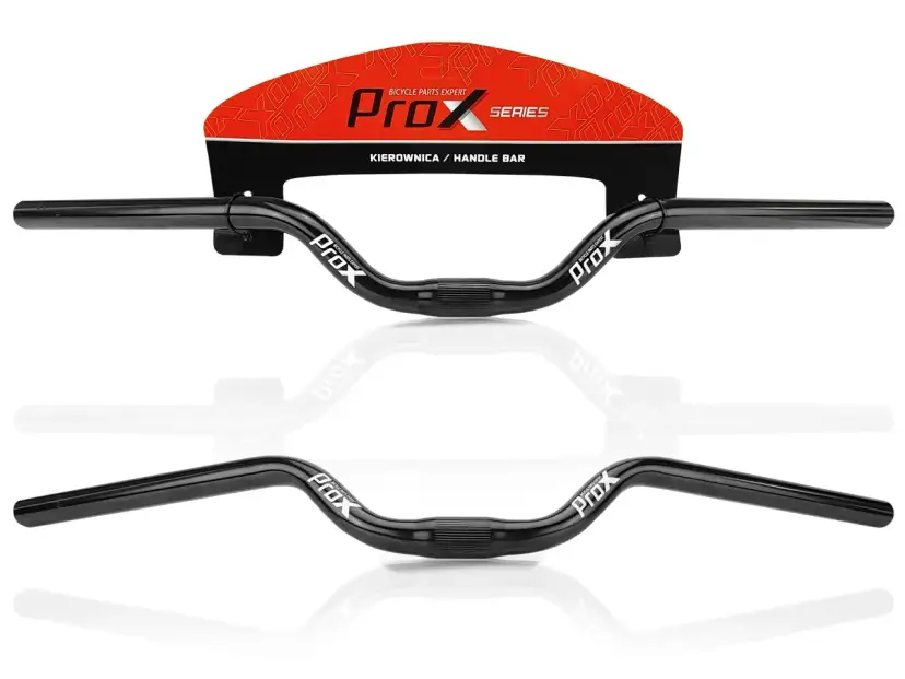 Czarna kierownica PROX z logo, idealna do roweru trekkingowego. Ergonomiczny kształt zapewnia komfort podczas długich tras.