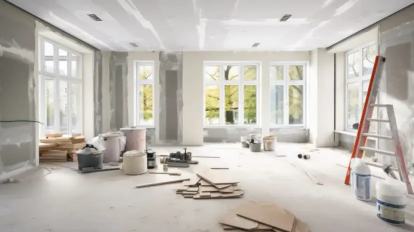 Salon w trakcie remontu, widoczne materiały budowlane, drabina i okna z widokiem na drzewa.
