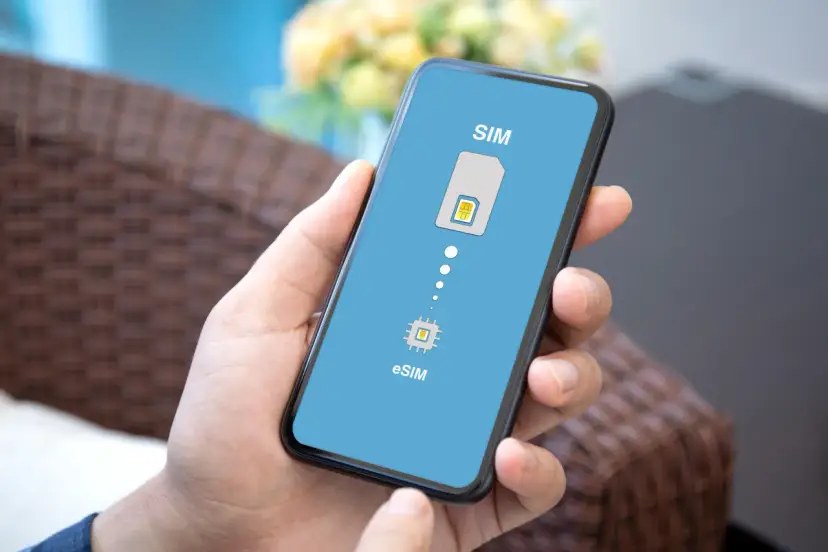 Dłoń trzyma smartfon z wyświetloną grafiką porównującą tradycyjną kartę SIM z technologią eSIM.