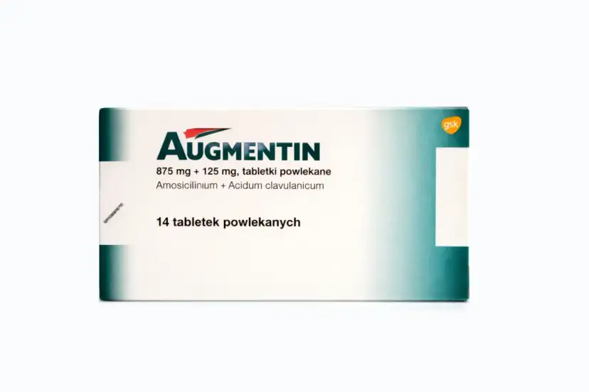 Opakowanie leku Augmentin 875 mg + 125 mg, zawierające 14 tabletek powlekanych.