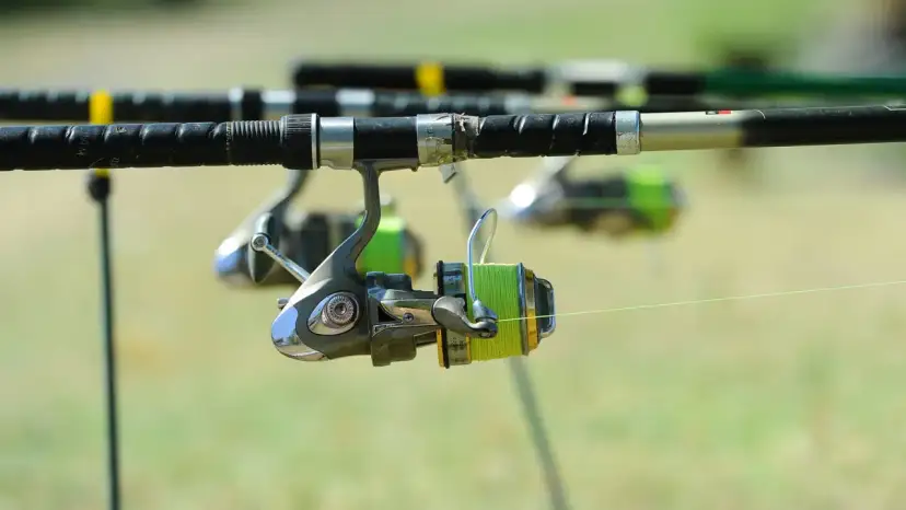 Zbliżenie na kołowrotek wędkarski zamontowany na wędce, z widocznym zielonym żyłką.