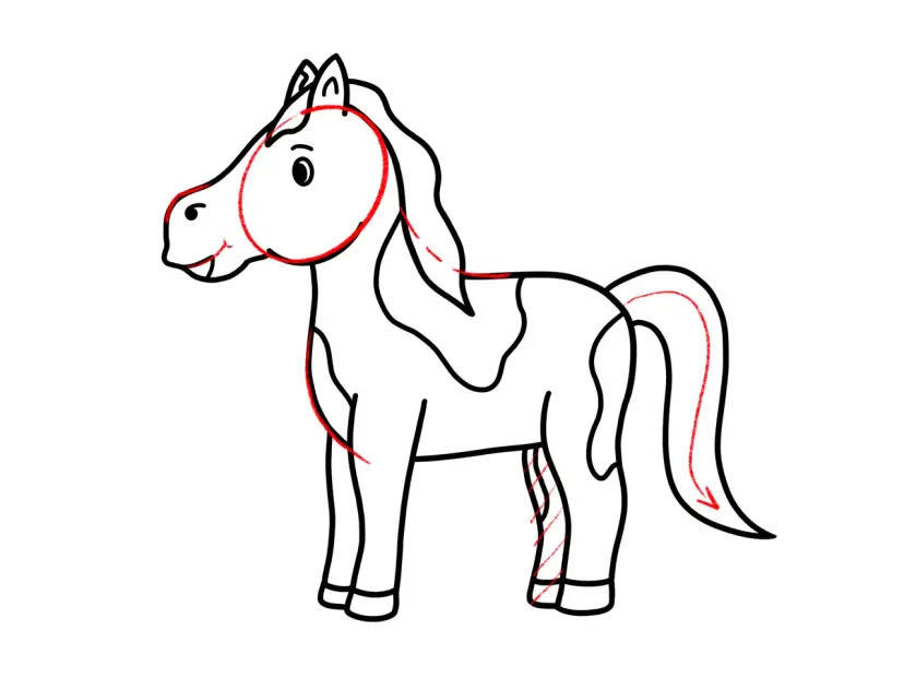 Prosty rysunek konia z zaznaczonymi czerwonymi liniami etapami rysowania.