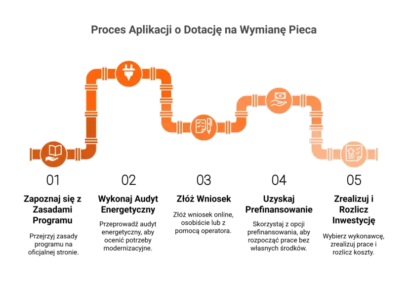 Schemat procesu aplikacji o dotację na wymianę pieca. Co jeśli nie stać mnie na wymianę pieca? Zobacz, jak uzyskać wsparcie finansowe na nowy piec.