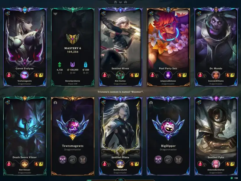 Ekran podsumowania gry League of Legends z awatarami postaci i nazwami graczy.