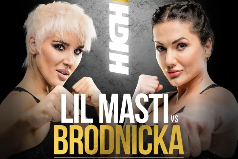 Dwie kobiety w pozycjach bokserskich. Na plakacie widnieje napis "LIL MASTI VS BRODNICKA". Zastanawiasz się, ile kosztuje bilet na koncert Lil Masti?