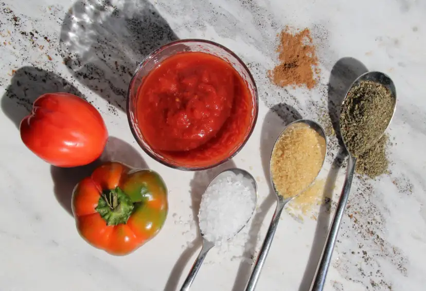 Składniki do sosu: pomidory, przecier pomidorowy, sól, cukier, zioła i przyprawy.