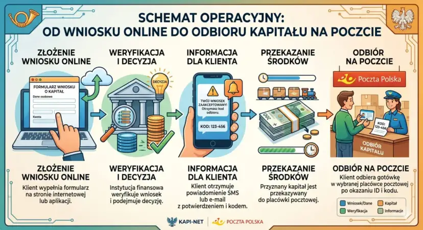 Schemat: wniosek online, weryfikacja, informacja z kodem, przekazanie środków i odbiór gotówki na poczcie. To droga do pożyczki na czek giro.