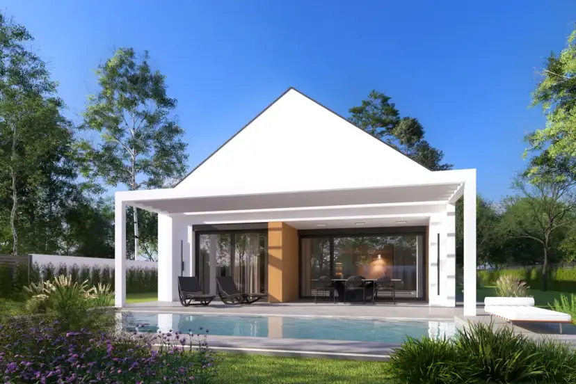 Nowoczesny dom z basenem i zadaszonym tarasem. Czy taras wlicza się do powierzchni zabudowy?