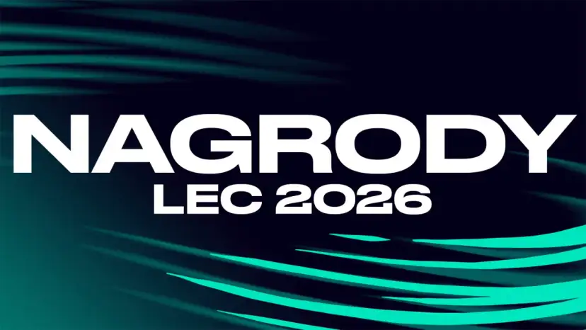 Napis "NAGRODY LEC 2026" na ciemnym tle z zielonymi pasami.