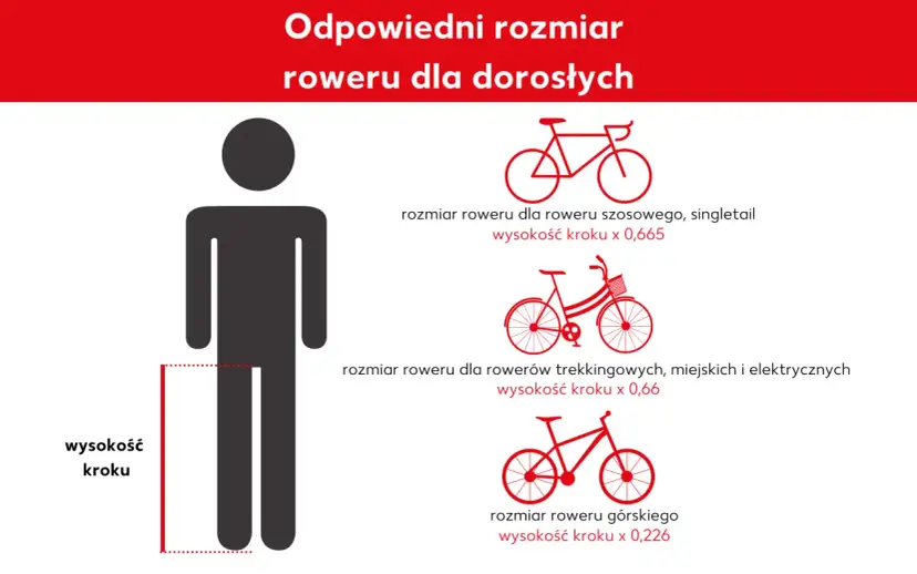 Grafika pokazuje, jak dobrać rozmiar ramy roweru do wzrostu. Podano wzory na rozmiar roweru szosowego, trekkingowego i górskiego, zależne od wysokości kroku.
