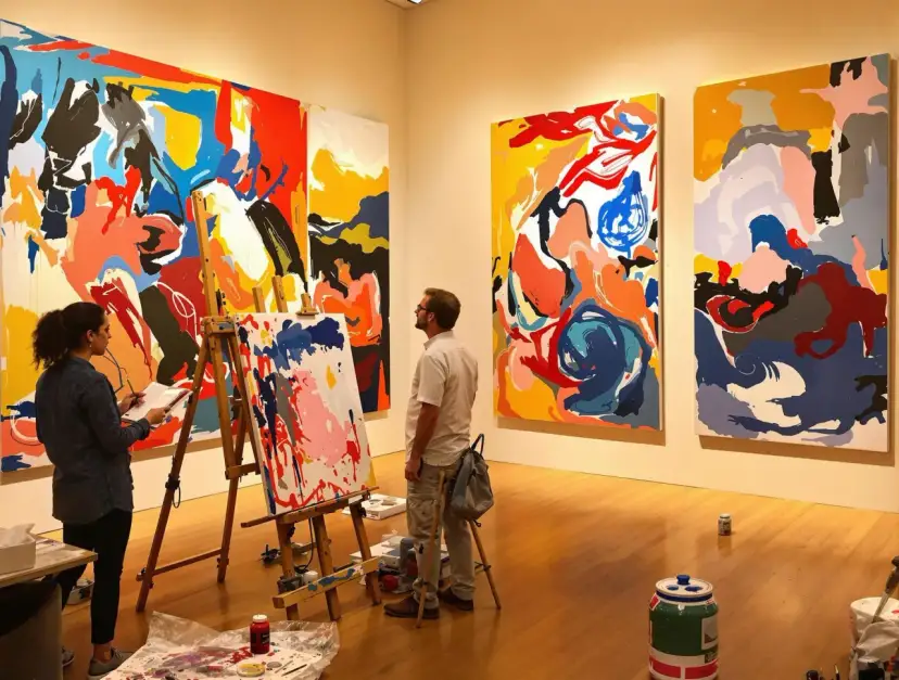 Artyści w galerii sztuki podziwiający i tworzący abstrakcyjne obrazy.