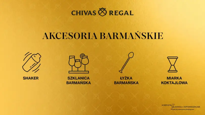 Ikony akcesoriów barmańskich: shaker, szklanice, łyżka barmańska, miarka.