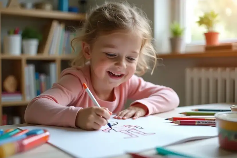 Uśmiechnięta dziewczynka uczy się, jak rysować ludzi, kolorując postać na kartce.