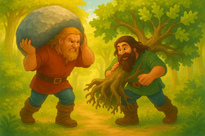 Waligóra z kamieniem na plecach i Wyrwidąb z wyrwanym drzewem, jak w baśni o ich sile.