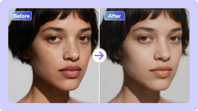 Porównanie retuszu skóry: przed i po, z widocznymi piegami i wygładzoną cerą.