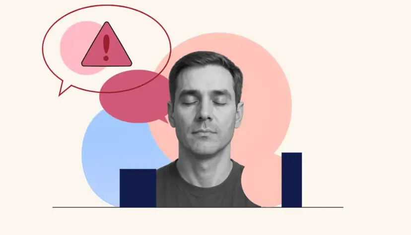 Mężczyzna z zamkniętymi oczami, otoczony kolorowymi kółkami i chmurką z wykrzyknikiem. Czuje, że nie chce byc sama.