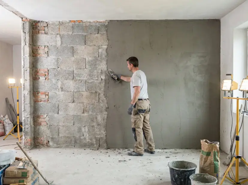 Budowlaniec nakłada tynk cementowo-wapienny na ścianę z pustaków. Czas schnięcia zależy od warunków.