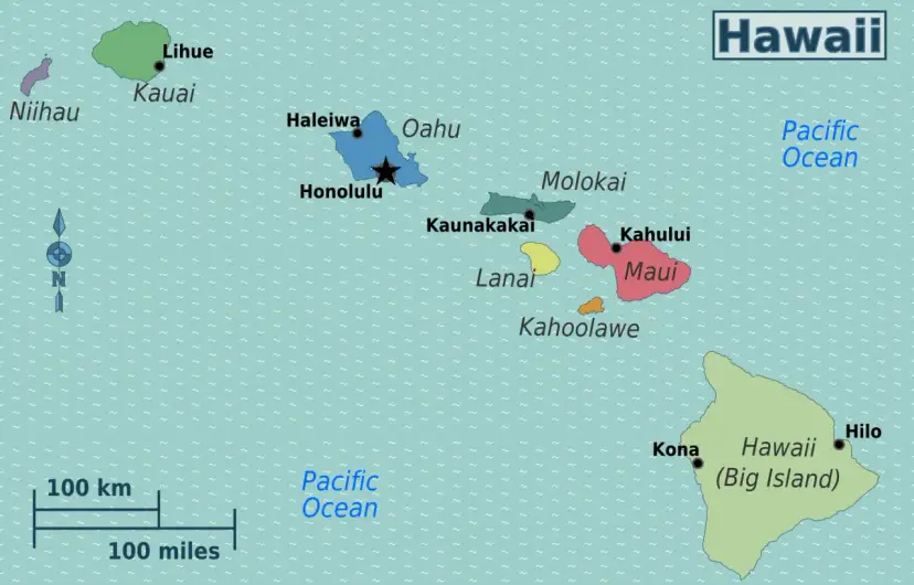 Mapa pokazuje, gdzie leżą Hawaje na mapie Pacyfiku, z zaznaczonymi wyspami: Kauai, Oahu, Maui, Molokai, Lanai, Kahoolawe i Hawaii (Big Island).
