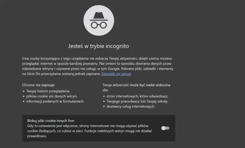 Ikona okularów i kapelusza symbolizuje, że jesteś w trybie incognito. Przeglądaj prywatnie, ale pamiętaj, że Twoja aktywność może być widoczna dla pracodawcy.