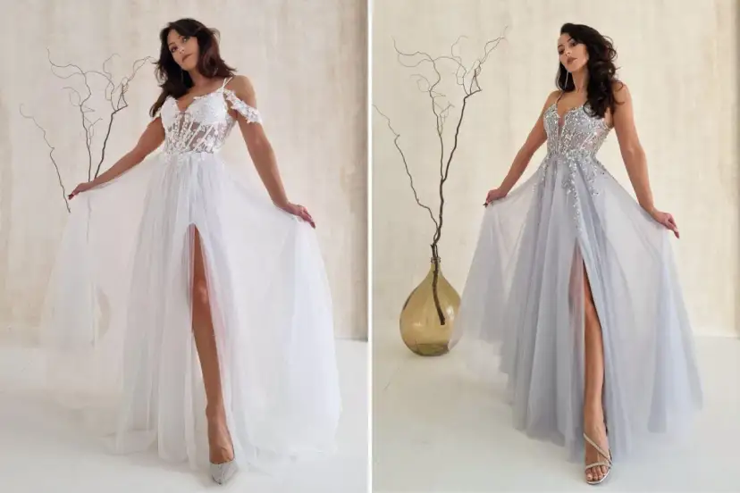 Dwie suknie: biała ślubna i srebrna wieczorowa. Inspiracja, jak przerobić suknię ślubną na wieczorową, by zabłysnąć.