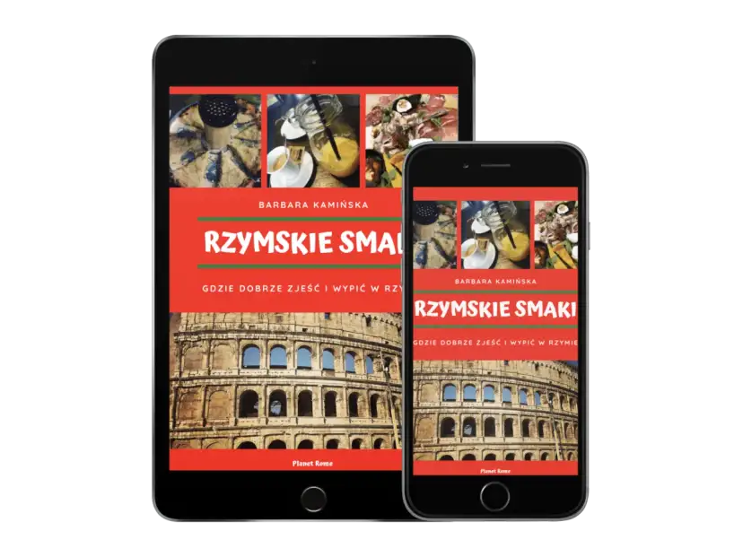 Rzymskie Smaki" - przewodnik po tym, gdzie dobrze zjeść i wypić w Rzymie, z Koloseum w tle.