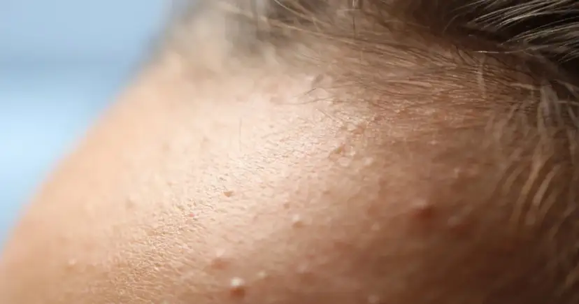 Zbliżenie na skórę czoła z widocznymi małymi pryszczami i włosami.