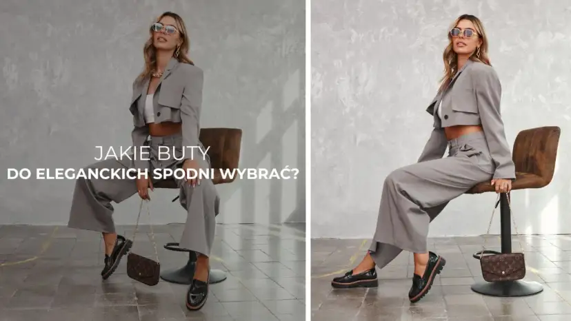 Eleganckie buty damskie do szerokich spodni. Stylowa kobieta w szarym garniturze i czarnych mokasynach.