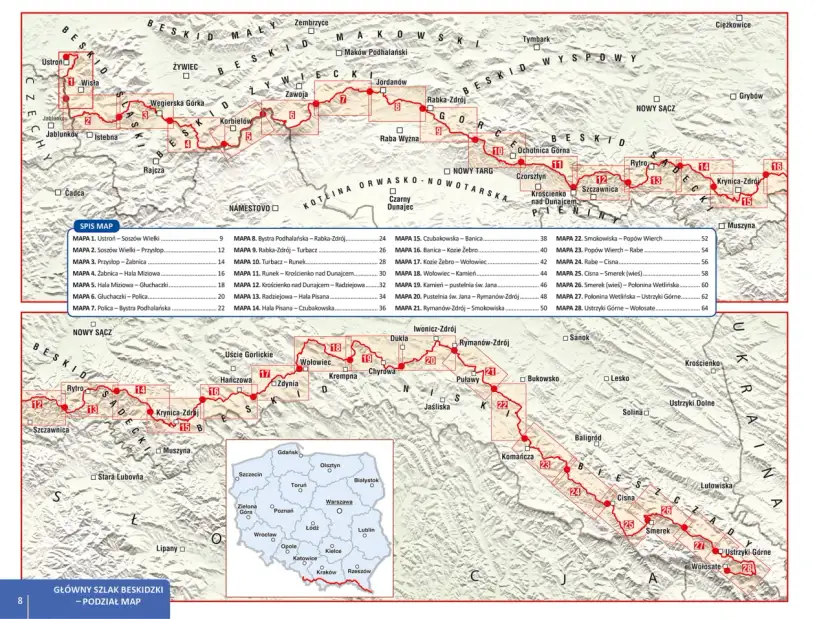 Mapa Głównego Szlaku Beskidzkiego, który ma 500 km, z zaznaczonymi odcinkami i miejscowościami.