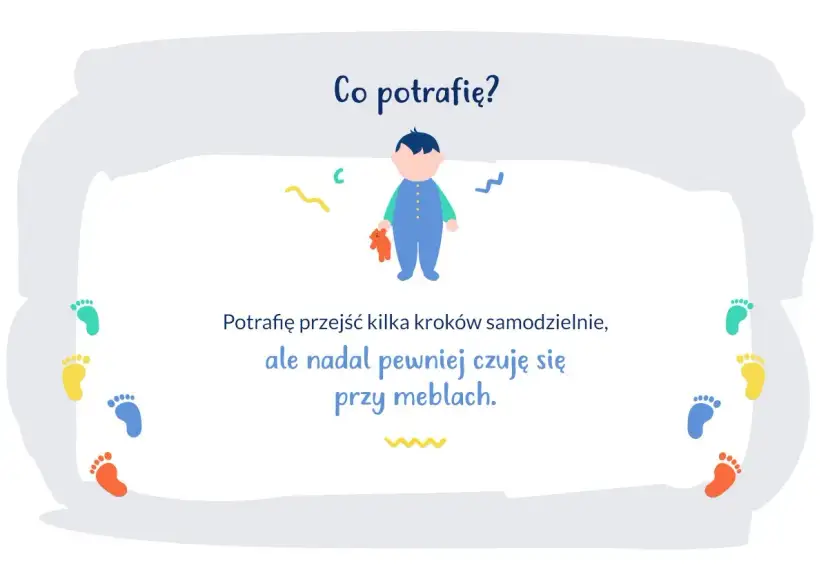 Ilustracja pokazuje, jak wspierać rozwój rocznego dziecka. Dziecko potrafi przejść kilka kroków, ale czuje się pewniej przy meblach.