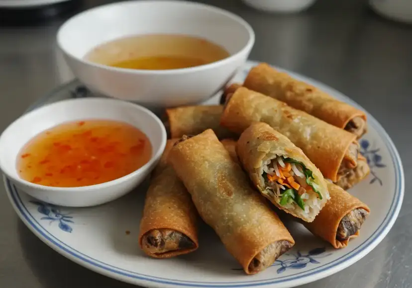 Chrupiące spring rolls z warzywnym farszem, podane z dwoma sosami. Idealne na przekąskę.