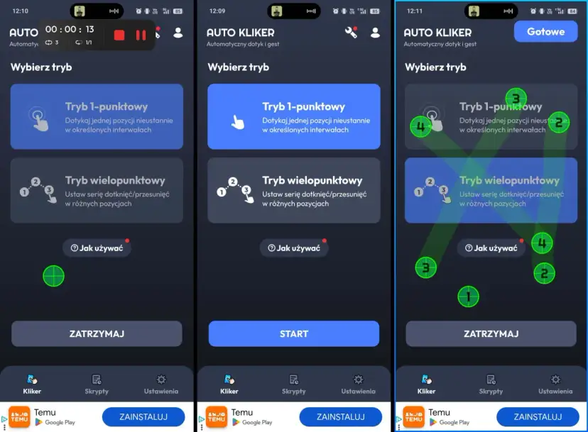 Ekran aplikacji auto clicker z opcjami trybu 1-punktowego i wielopunktowego. Widoczne są przyciski "Start", "Zatrzymaj" i "Gotowe".