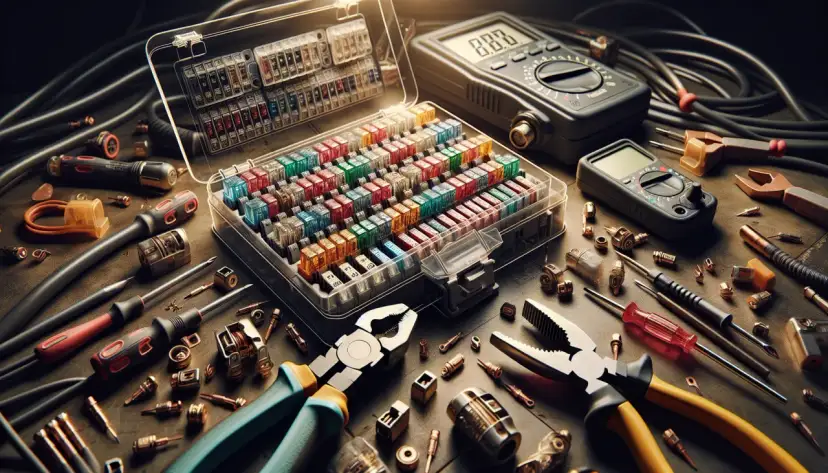 Narzędzia i bezpieczniki w pudełku, gotowe do pracy. Dowiedz się, jak podłączyć bezpiecznik, by zapewnić bezpieczeństwo instalacji.