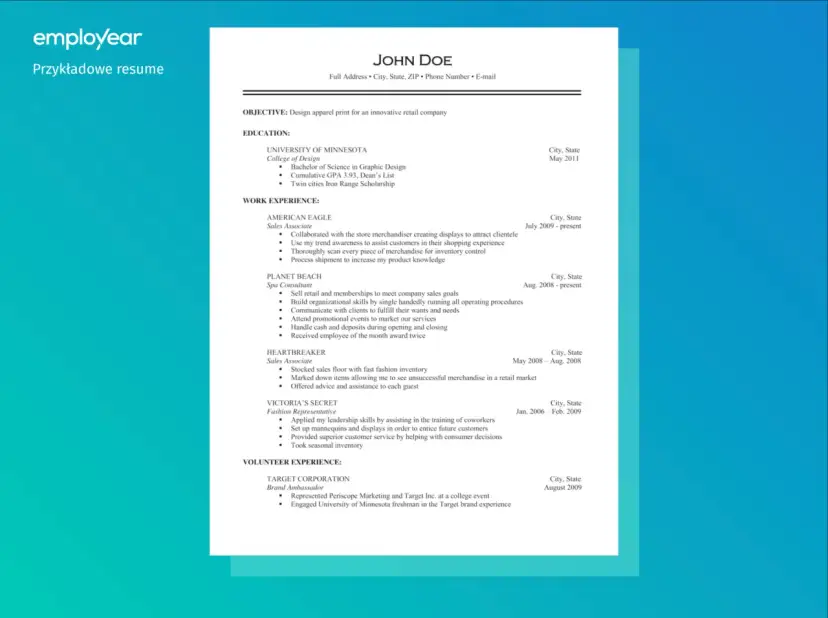 Przykładowe CV po angielsku z danymi kandydata i jego doświadczeniem zawodowym.