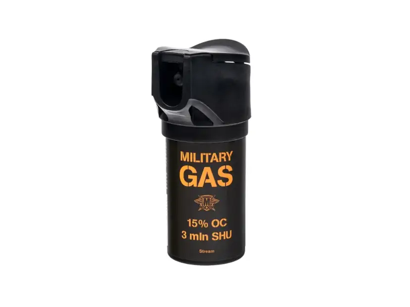 Czarny gaz pieprzowy "MILITARY GAS" z pomarańczowym napisem, na białym tle.