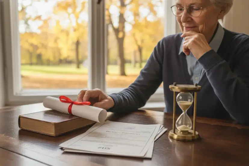 Starsza pani z dokumentami i klepsydrą zastanawia się, czy szkoła zawodowa wlicza się w lata pracy.