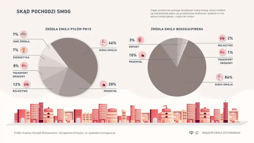 Dwa wykresy kołowe pokazujące źródła emisji pyłów PM10 i benzo(a)pirenu w Polsce.
