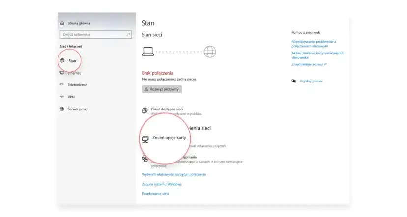 Ekran ustawień sieciowych Windows. Kliknij "Stan", aby sprawdzić połączenie, a następnie "Zmień opcje karty", aby dowiedzieć się, jak zresetować kartę sieciową.