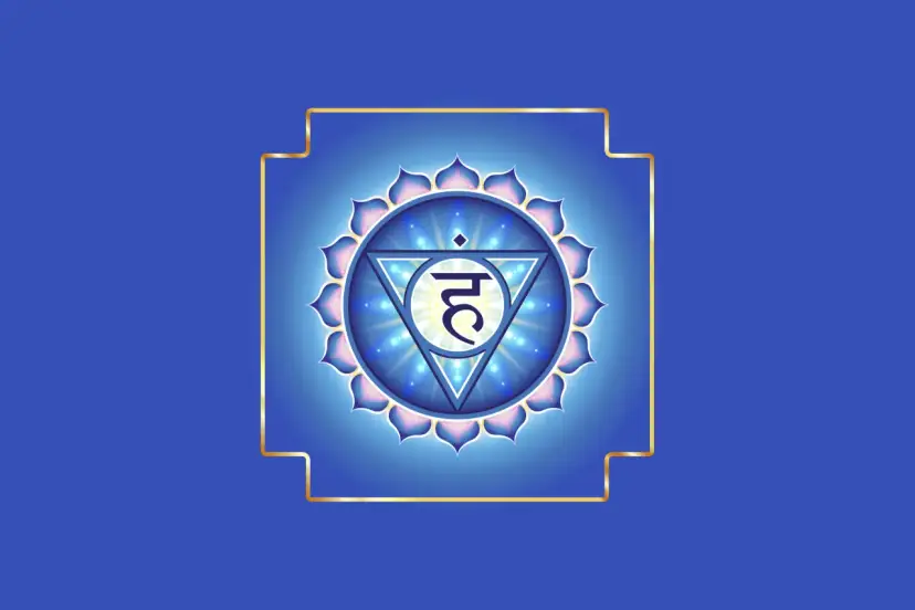 Symbol czakry gardła: niebieski kwiat lotosu z symbolem sanskrytu w trójkącie.