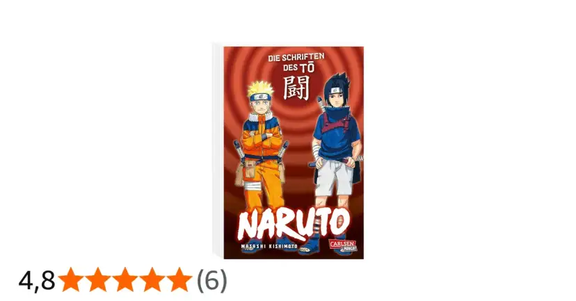 Naruto und Sasuke stehen vor einem roten Hintergrund. Naruto trägt seine orangefarbene Kleidung, Sasuke seine blaue.