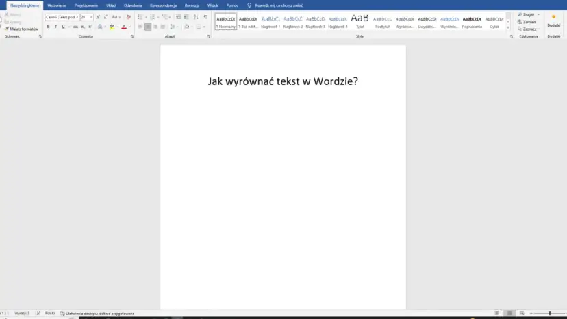 Jak wyjustować tekst w Wordzie? Pytanie widoczne na ekranie edytora tekstu.