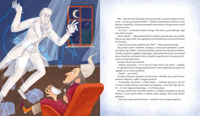 Duch Marleya, z łańcuchami, nawiedza Scrooge'a, autora opowieści wigilijnej.