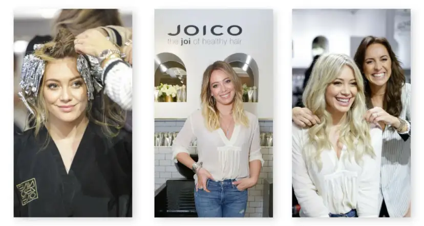 Hilary Duff przechodzi regenerację włosów u fryzjera. Włosy są zawinięte w folię, a potem widać ją z piękną fryzurą.
