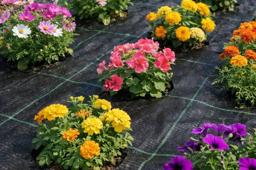 Kolorowe kwiaty posadzone na czarnej agrowłókninie, która skutecznie zapobiega rozwojowi chwastów.